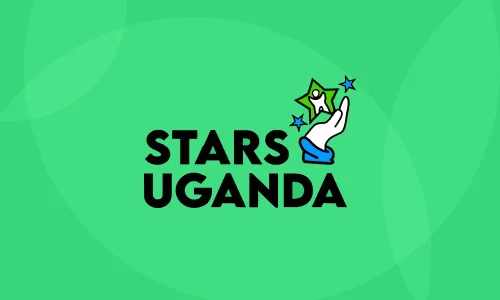 Logo featuring a hand holding a star, with the text "STARS UGANDA" on a bright green background.